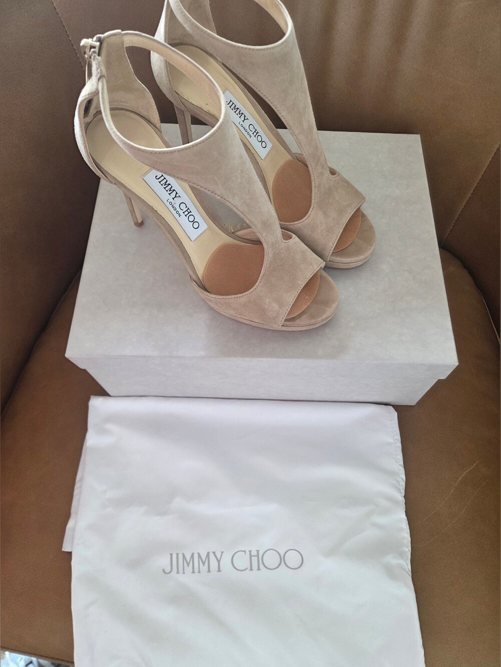 Jimmy Choo Beige Suede Open-Toe Stiletto Sandals. Women's size 6.